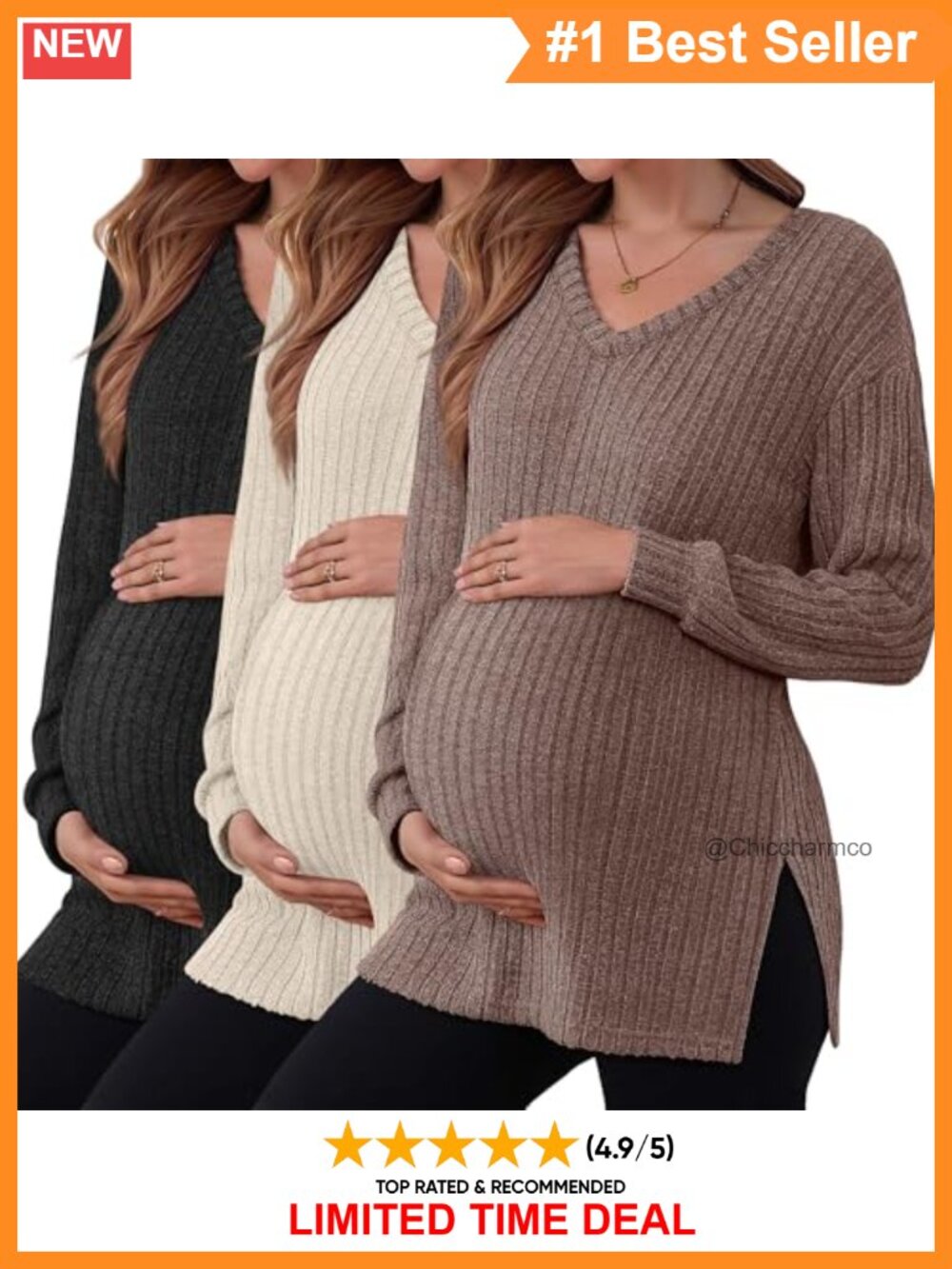 Maternity Ribbed Knit V-Neck Long Sleeve Tunics Sweaters 3 Pack